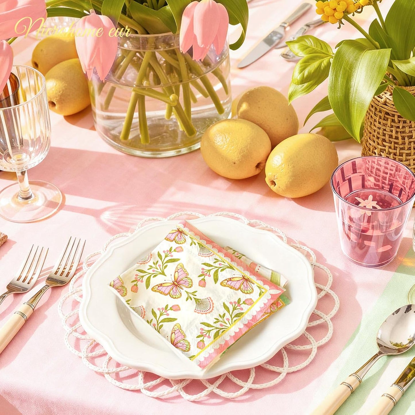 NICROHOME EUR Vintage Floral Paper Napkins 10x10 Inch (Unfolded) - 24 Count Disposable Napkins, Pink Green Tulip Butterfly Design 3-Ply Cocktail Napkins for Wedding, Birthday, Easter, Garden Tea Party