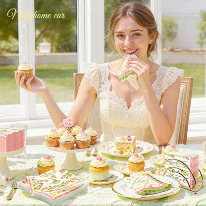 NICROHOME EUR Vintage Floral Paper Napkins 10x10 Inch (Unfolded) - 24 Count Disposable Napkins, Pink Green Tulip Butterfly Design 3-Ply Cocktail Napkins for Wedding, Birthday, Easter, Garden Tea Party