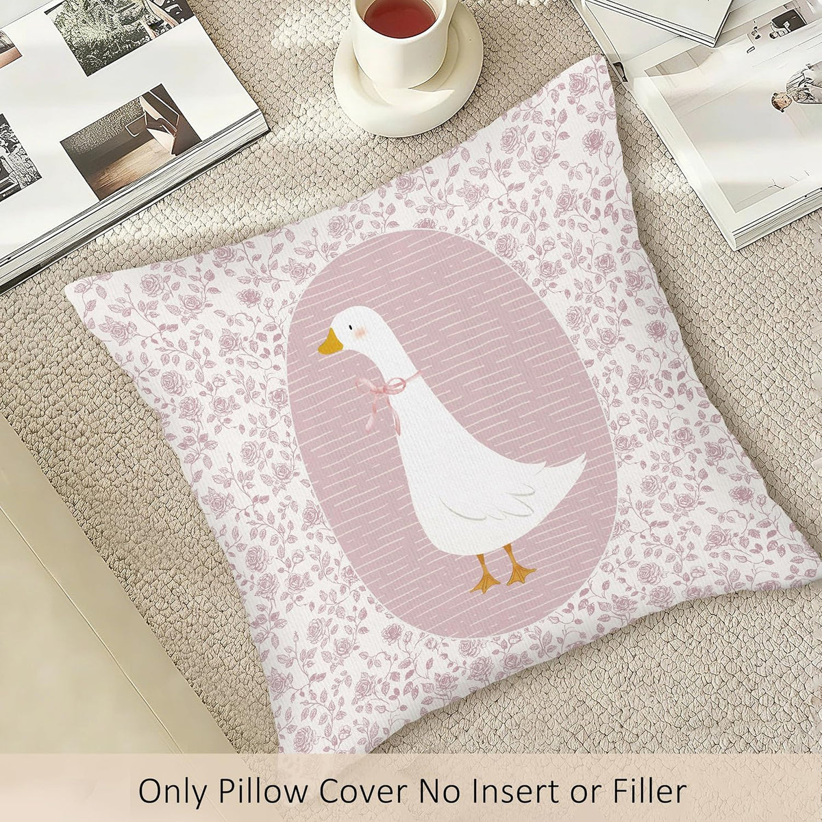 Preppy Pink Goose Throw Pillow Covers, Coquette Gooses Pillow Case Cover for Bed Sofa, Goose Nursery Decor, Pink Bow Floral Gooses Cushion Cover Case for Girls Room Bedroom, 18x18 Inch
