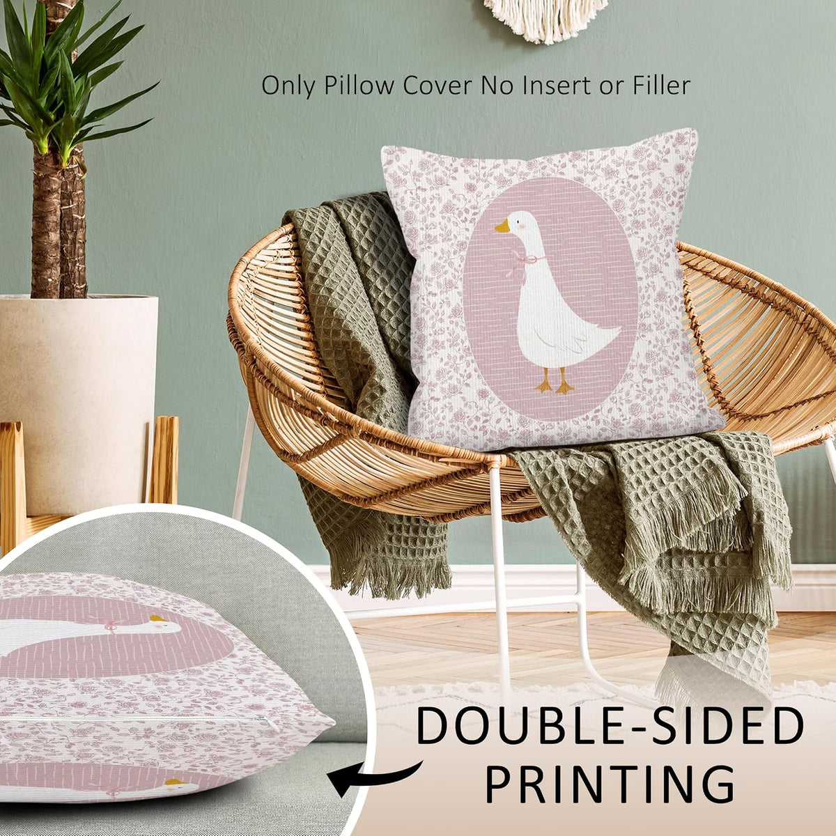 Preppy Pink Goose Throw Pillow Covers, Coquette Gooses Pillow Case Cover for Bed Sofa, Goose Nursery Decor, Pink Bow Floral Gooses Cushion Cover Case for Girls Room Bedroom, 18x18 Inch
