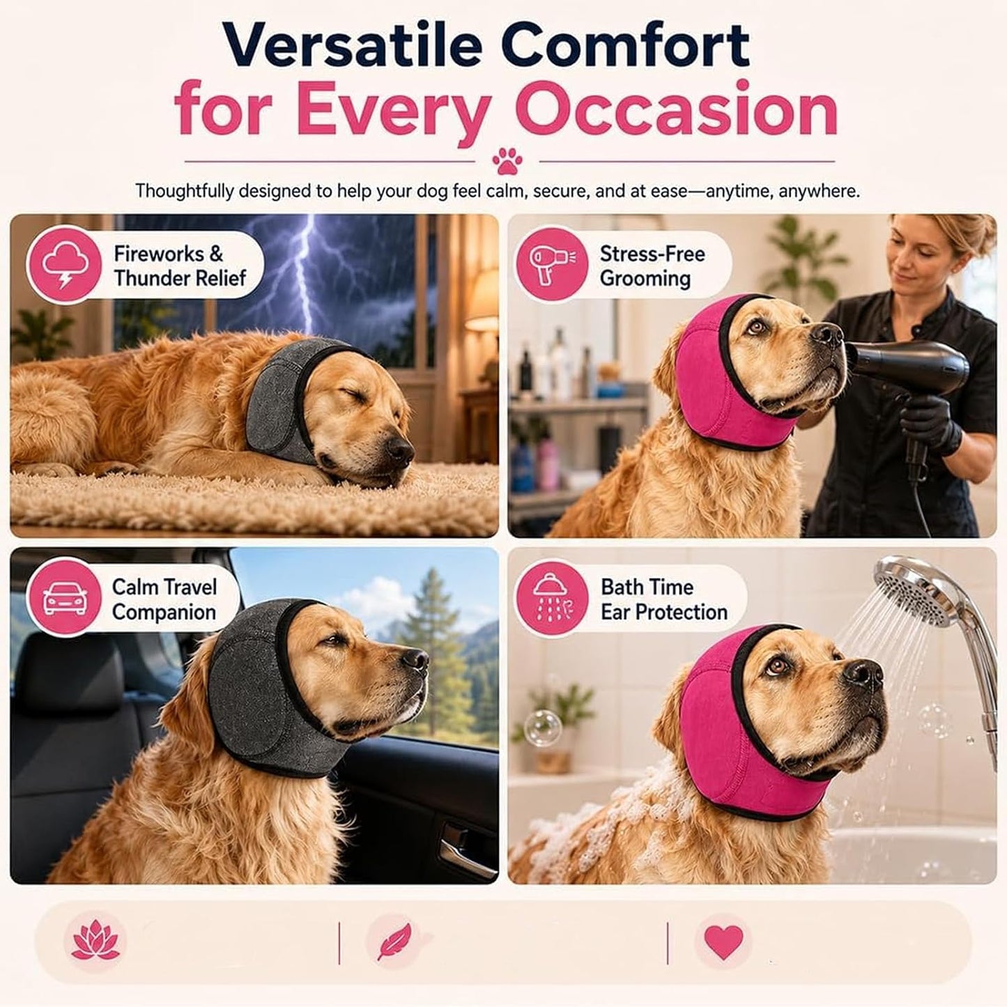 Noise Cancelling Ear Wrap for Dogs, Adjustable Dog Ear Cover with Hook and Loop Fastener, Soft Protective Ear Band for Swimming, Bathing, Grooming, Travel and Daily Use (Pink,Large)