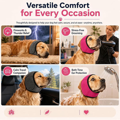 Noise Cancelling Ear Wrap for Dogs, Adjustable Dog Ear Cover with Hook and Loop Fastener, Soft Protective Ear Band for Swimming, Bathing, Grooming, Travel and Daily Use (Pink,Large)