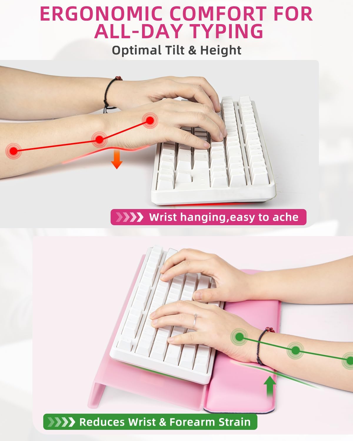 Keyboard Stand with Wrist Rest - Comfortable Wrist Pad for Easy Typing, Keyboard Tray for Office, Home, School (Fits Most Standard Keyboards) (Pink)