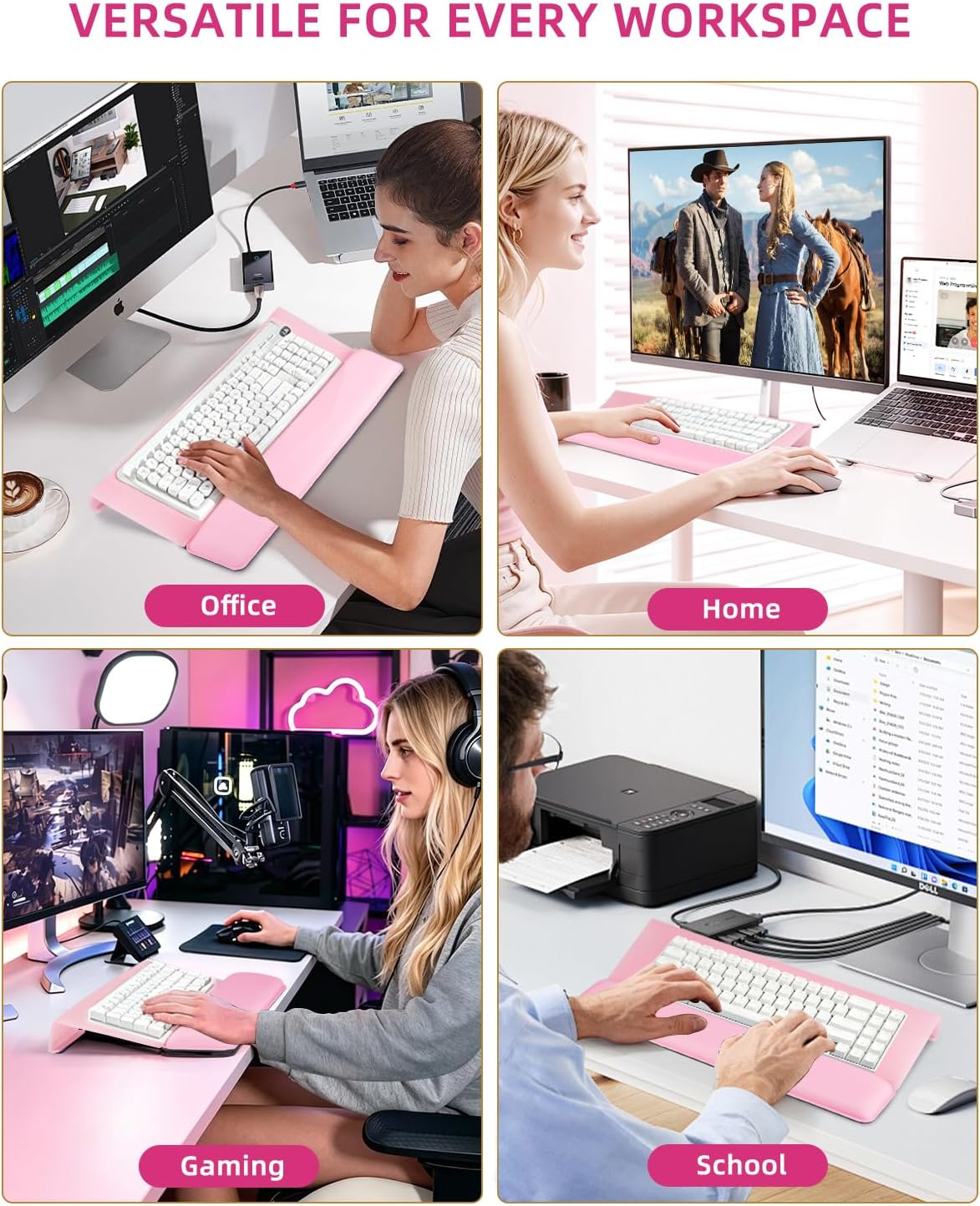 Keyboard Stand with Wrist Rest - Comfortable Wrist Pad for Easy Typing, Keyboard Tray for Office, Home, School (Fits Most Standard Keyboards) (Pink)