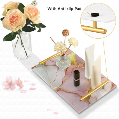 Marble Blush White Decorative Farmhouse Tray with Handles Trays for Eating On for Jewelry Perfume for Bed Serving bandeja de decoracion para cocina