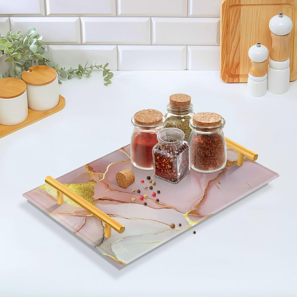 Marble Blush White Decorative Farmhouse Tray with Handles Trays for Eating On for Jewelry Perfume for Bed Serving bandeja de decoracion para cocina