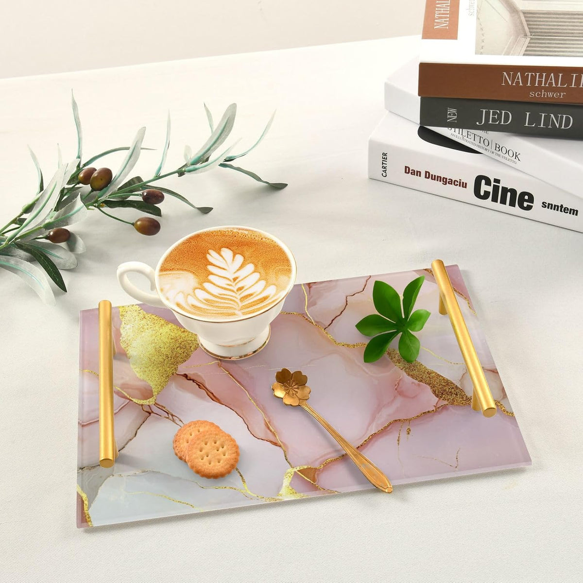 Marble Blush White Decorative Farmhouse Tray with Handles Trays for Eating On for Jewelry Perfume for Bed Serving bandeja de decoracion para cocina
