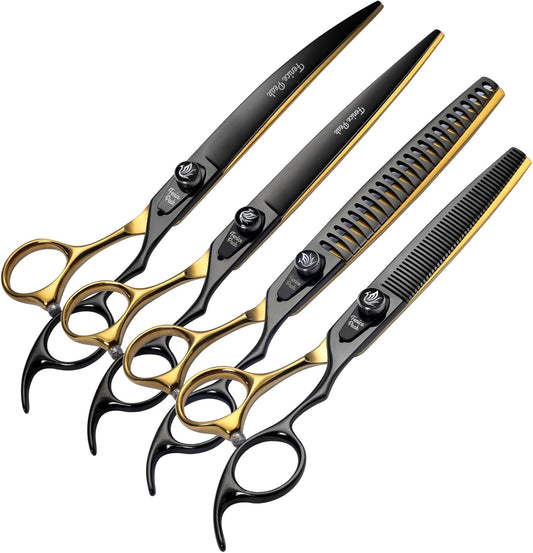 7'' Black and Gold Two-color Dog Grooming Scissors Set Straight Thinning Curved and Chunker Shears 4PCS Set with Pattern Screw and Ergonomic Offest Handle 440C Sharp and Durable
