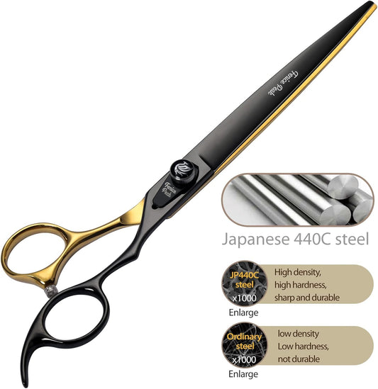 7'' Black and Gold Two-color Dog Grooming Scissors Set Straight Thinning Curved and Chunker Shears 4PCS Set with Pattern Screw and Ergonomic Offest Handle 440C Sharp and Durable