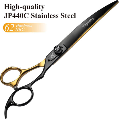 7'' Black and Gold Two-color Dog Grooming Scissors Set Straight Thinning Curved and Chunker Shears 4PCS Set with Pattern Screw and Ergonomic Offest Handle 440C Sharp and Durable
