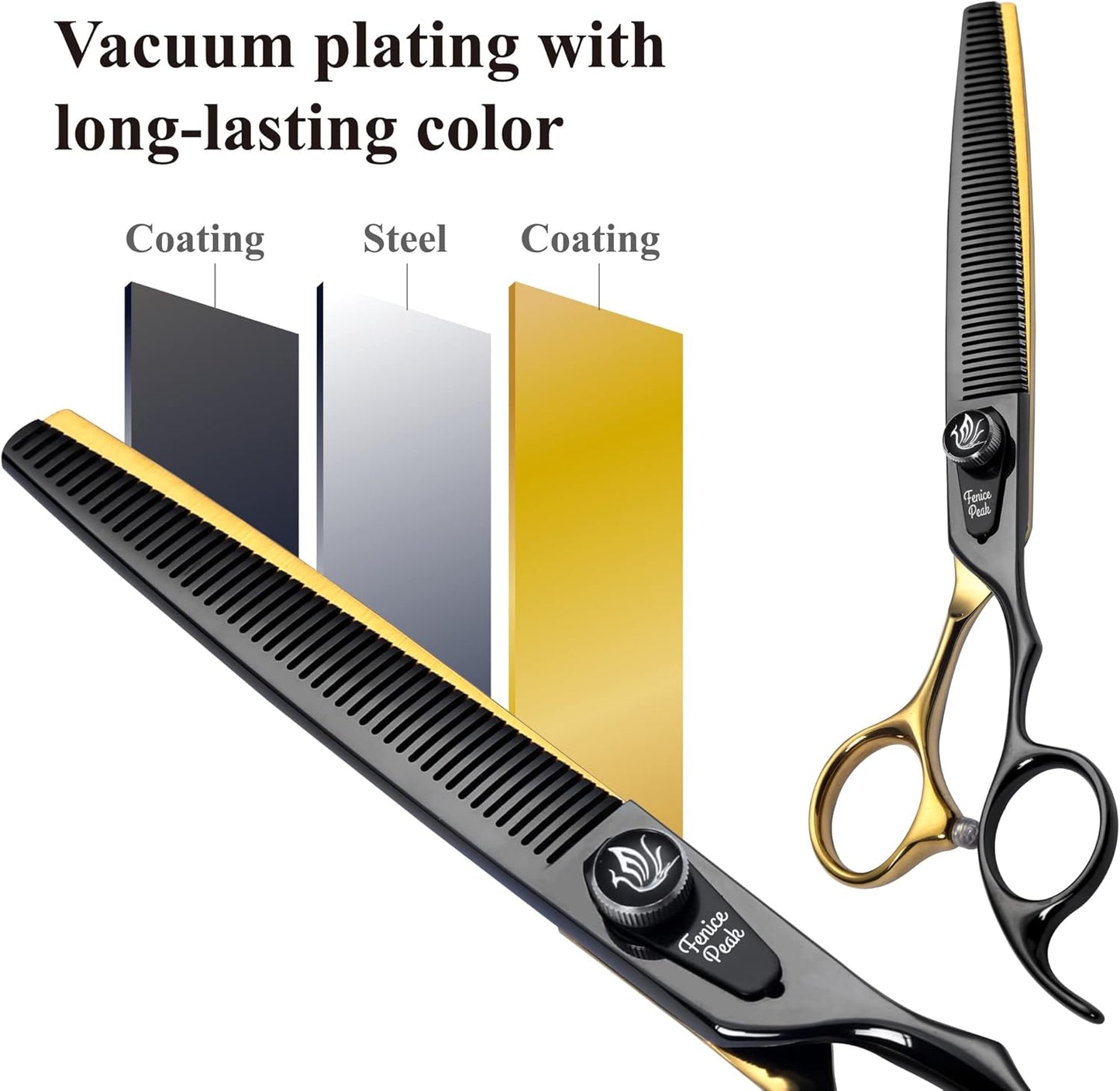 7'' Black and Gold Two-color Dog Grooming Scissors Set Straight Thinning Curved and Chunker Shears 4PCS Set with Pattern Screw and Ergonomic Offest Handle 440C Sharp and Durable