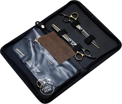 7'' Black and Gold Two-color Dog Grooming Scissors Set Straight Thinning Curved and Chunker Shears 4PCS Set with Pattern Screw and Ergonomic Offest Handle 440C Sharp and Durable