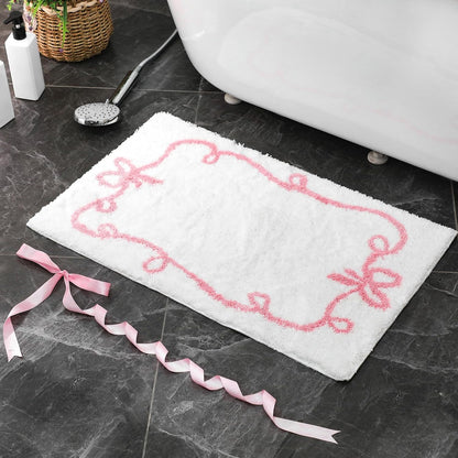 Pink Bow Bathroom Rugs 32 x 20 Inch White and Pink Bow Bath Mat Cute Coquette Aesthetic Non Slip Absorbent Carpet Microfiber Absorbent Mat for Bathtub Shower Bedroom Decor Gift