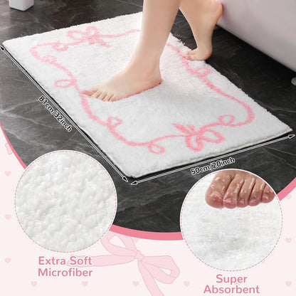 Pink Bow Bathroom Rugs 32 x 20 Inch White and Pink Bow Bath Mat Cute Coquette Aesthetic Non Slip Absorbent Carpet Microfiber Absorbent Mat for Bathtub Shower Bedroom Decor Gift
