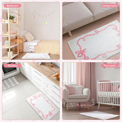 Pink Bow Bathroom Rugs 32 x 20 Inch White and Pink Bow Bath Mat Cute Coquette Aesthetic Non Slip Absorbent Carpet Microfiber Absorbent Mat for Bathtub Shower Bedroom Decor Gift