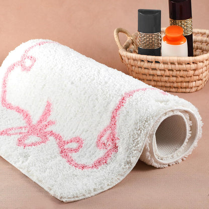 Pink Bow Bathroom Rugs 32 x 20 Inch White and Pink Bow Bath Mat Cute Coquette Aesthetic Non Slip Absorbent Carpet Microfiber Absorbent Mat for Bathtub Shower Bedroom Decor Gift