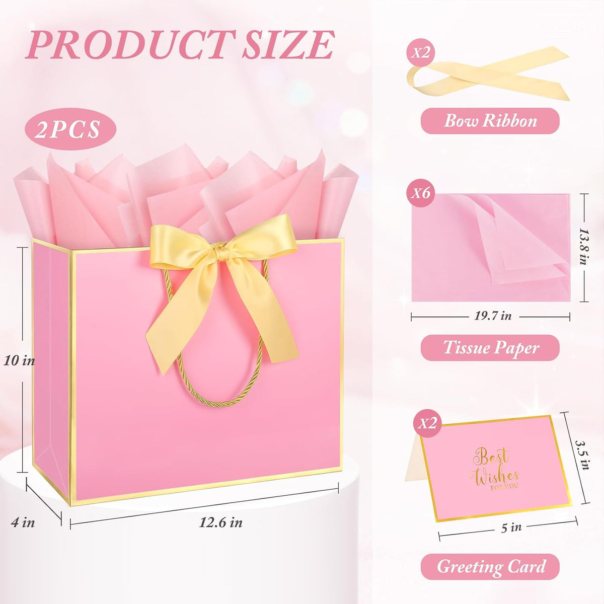2 Pack Pink Large Gift Bags with Handles & 6 Tissue Papers