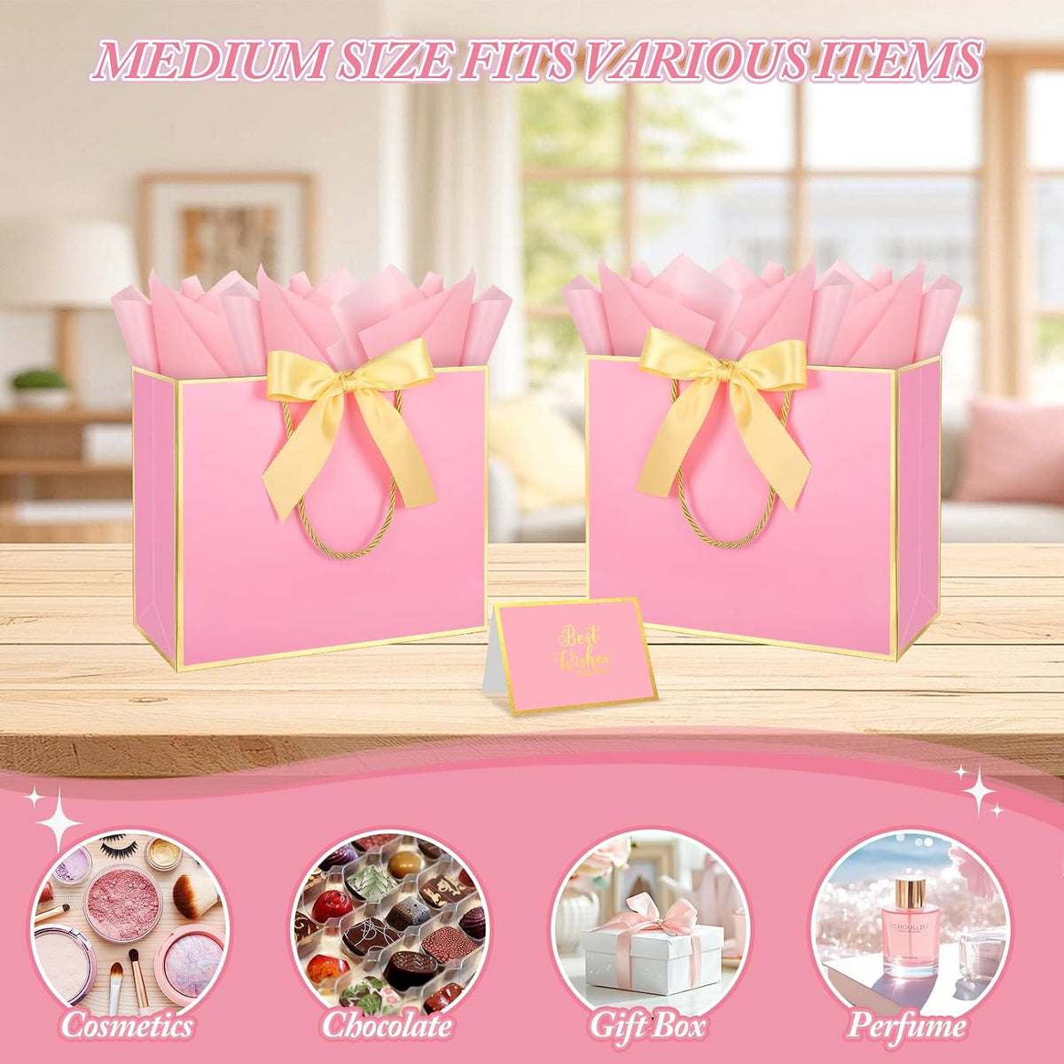 2 Pack Pink Large Gift Bags with Handles & 6 Tissue Papers