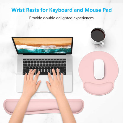 Keyboard Wrist Rest and Mouse Pad with Wrist Support, Cute Memory Foam Cushion for Keyboard and Mouse Set, Ergonomic Desktop Pad Rests with Non Slip Base for Easy Typing & Pain Relief, Pink