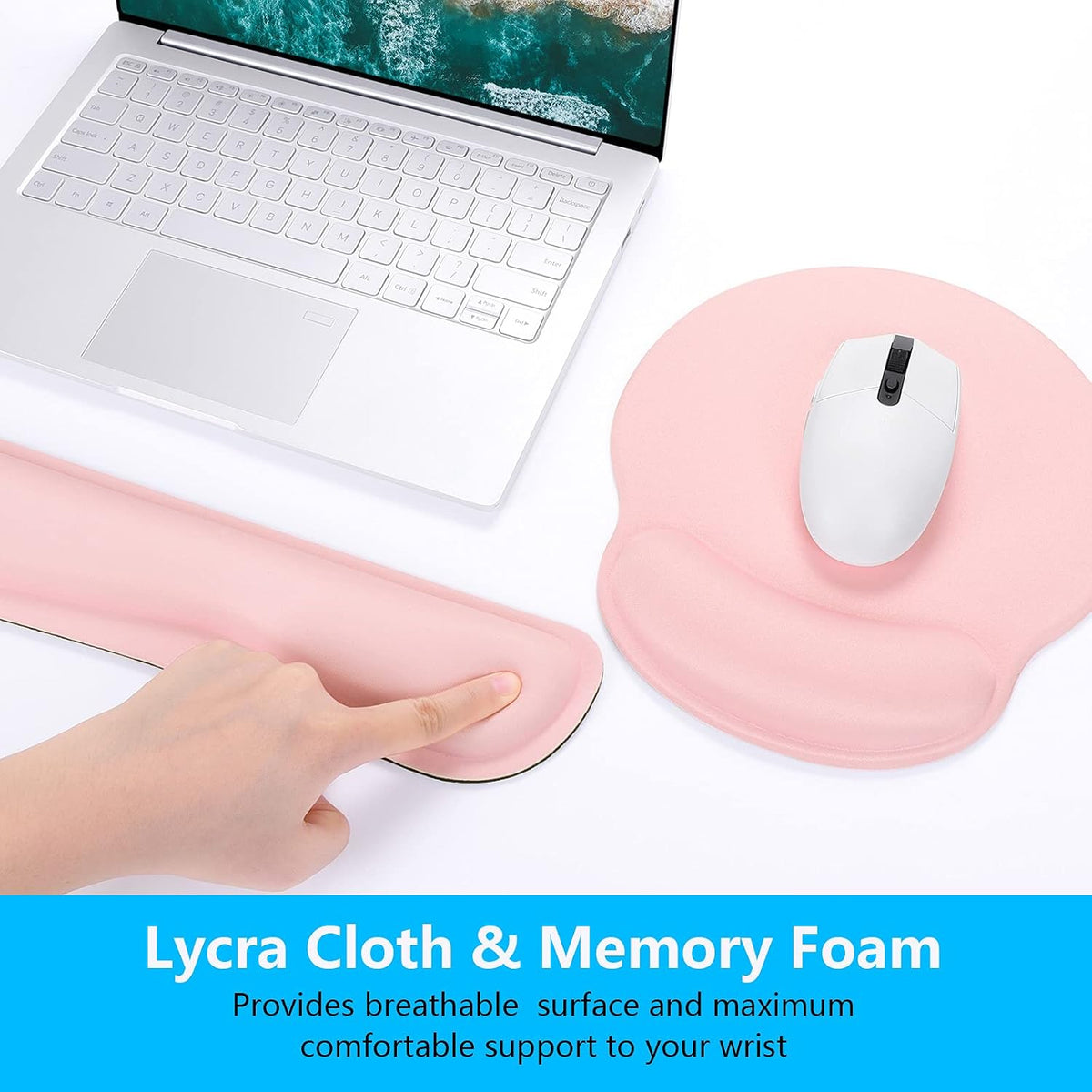 Keyboard Wrist Rest and Mouse Pad with Wrist Support, Cute Memory Foam Cushion for Keyboard and Mouse Set, Ergonomic Desktop Pad Rests with Non Slip Base for Easy Typing & Pain Relief, Pink