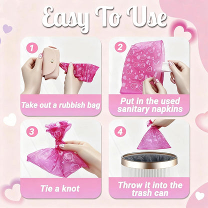Sanitary Napkin Disposal Bags with Dispenser, Pink Feminine Hygiene Bags for Tampons & Pads, Leakproof Mini Trash Bag for Women, Personal Care Privacy Handling Bag for Travel, Purse, Diaper Duty