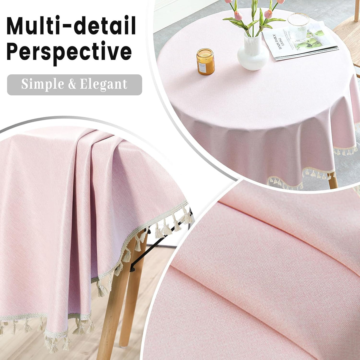 Round Waterproof 48 Inch Tablecloth with Handmade Tassel Solid Washable Table Cloth for Kitchen Dining Home Decoration (Pink, 70inch, Tassel)