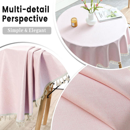 Round Waterproof 48 Inch Tablecloth with Handmade Tassel Solid Washable Table Cloth for Kitchen Dining Home Decoration (Pink, 70inch, Tassel)