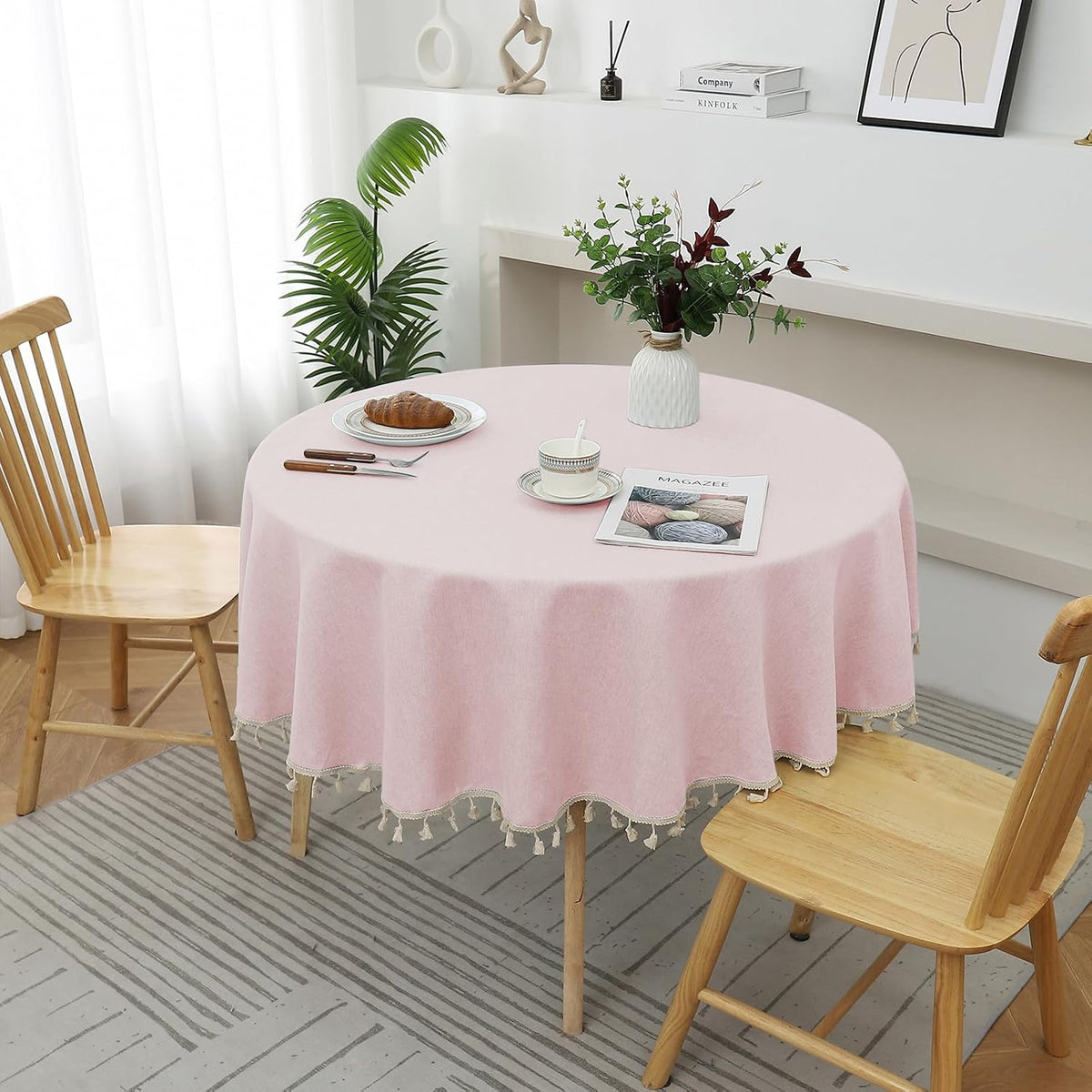 Round Waterproof 48 Inch Tablecloth with Handmade Tassel Solid Washable Table Cloth for Kitchen Dining Home Decoration (Pink, 70inch, Tassel)