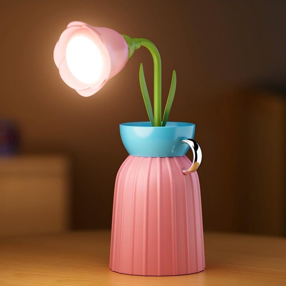 Rose Flower Desk Lamp - Infinite Dimming, Trichromatic Temperature, Rechargeable, Brightness Memory - Creative Decorative Ornaments with Adjustable Flowers (Pink)
