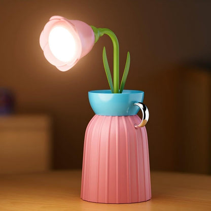 Rose Flower Desk Lamp - Infinite Dimming, Trichromatic Temperature, Rechargeable, Brightness Memory - Creative Decorative Ornaments with Adjustable Flowers (Pink)
