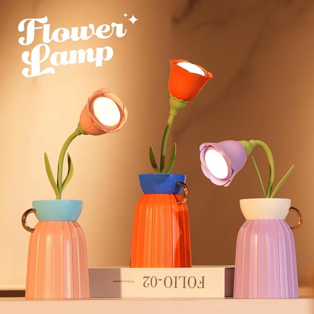 Rose Flower Desk Lamp - Infinite Dimming, Trichromatic Temperature, Rechargeable, Brightness Memory - Creative Decorative Ornaments with Adjustable Flowers (Pink)