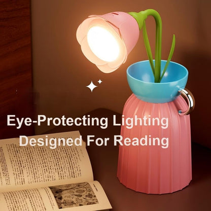 Rose Flower Desk Lamp - Infinite Dimming, Trichromatic Temperature, Rechargeable, Brightness Memory - Creative Decorative Ornaments with Adjustable Flowers (Pink)
