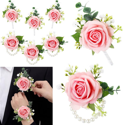 6 Pcs Rose Corsage Boutonniere Set Wrist Corsage Bracelets, Pink