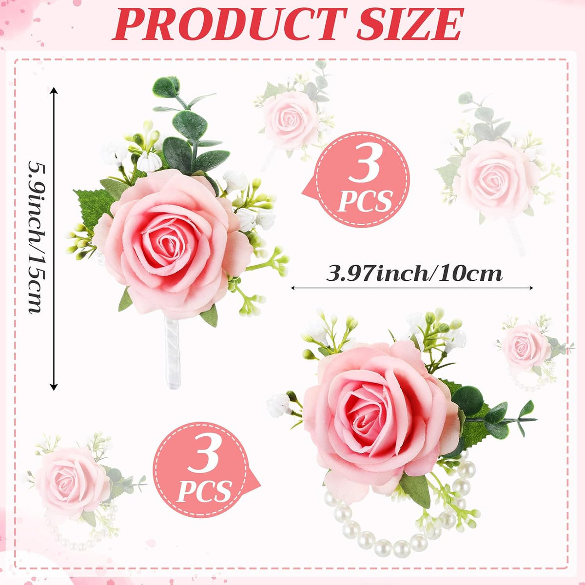 6 Pcs Rose Corsage Boutonniere Set Wrist Corsage Bracelets, Pink