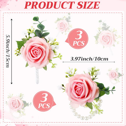 6 Pcs Rose Corsage Boutonniere Set Wrist Corsage Bracelets, Pink