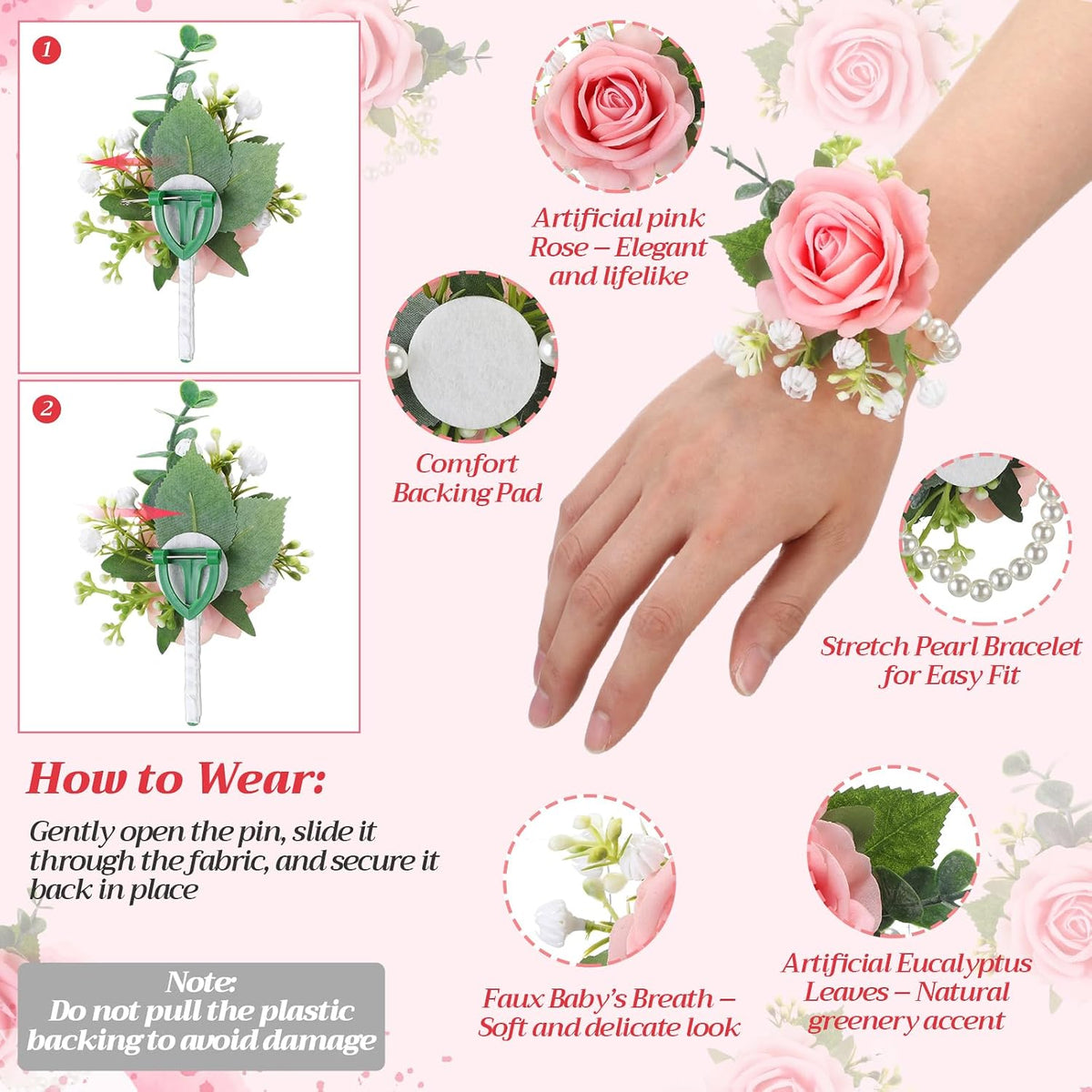 6 Pcs Rose Corsage Boutonniere Set Wrist Corsage Bracelets, Pink