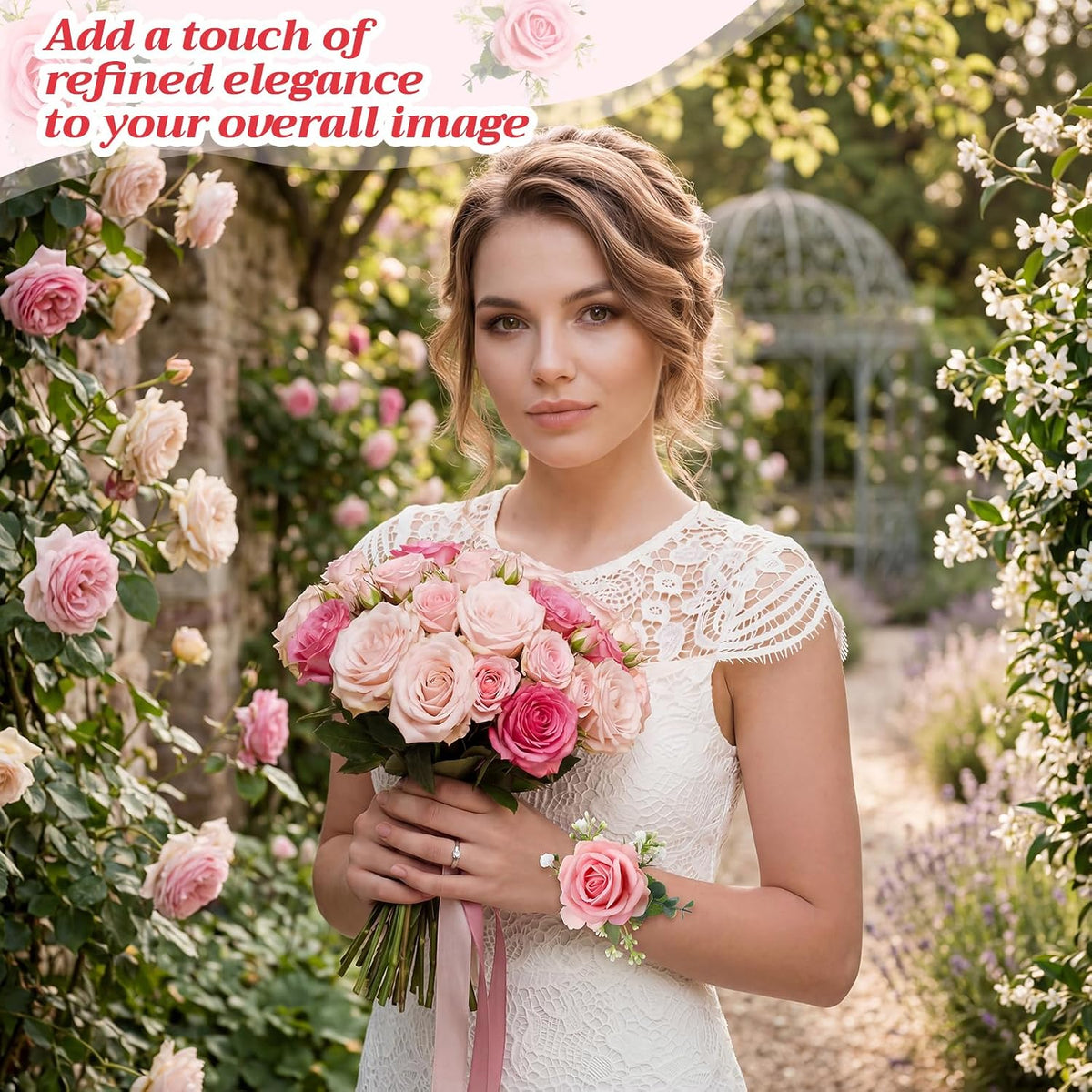 6 Pcs Rose Corsage Boutonniere Set Wrist Corsage Bracelets, Pink