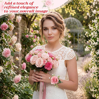 6 Pcs Rose Corsage Boutonniere Set Wrist Corsage Bracelets, Pink