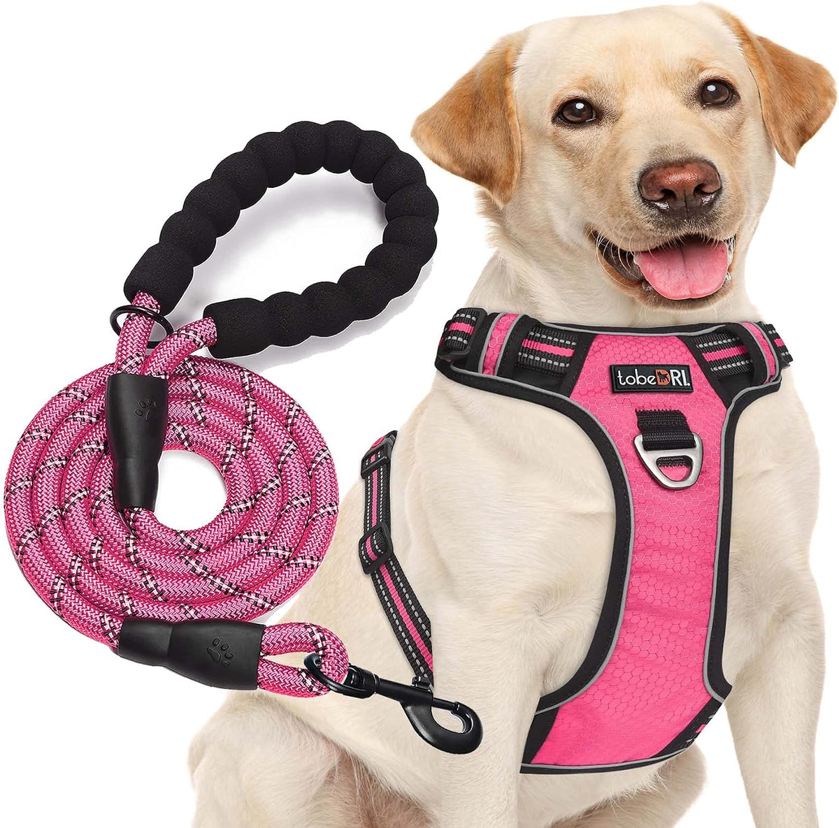 No Pull Dog Harness Adjustable Reflective Oxford Easy Control Medium Large Dog Harness with A Free Heavy Duty 5ft Dog Leash, Pink, XL