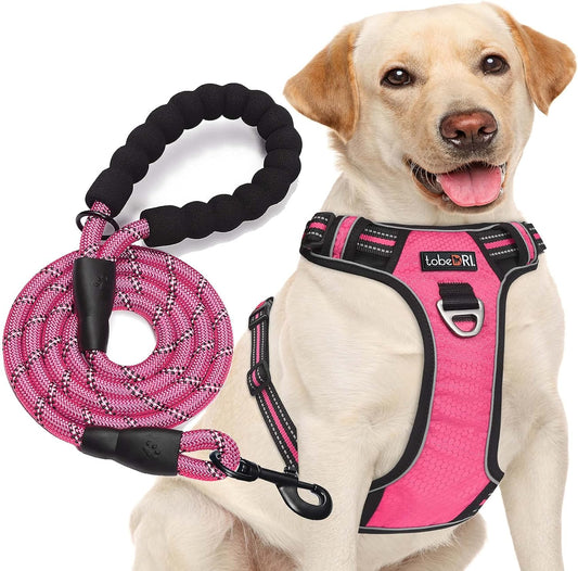 No Pull Dog Harness Adjustable Reflective Oxford Easy Control Medium Large Dog Harness with A Free Heavy Duty 5ft Dog Leash, Pink, XL
