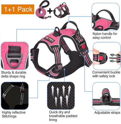 No Pull Dog Harness Adjustable Reflective Oxford Easy Control Medium Large Dog Harness with A Free Heavy Duty 5ft Dog Leash, Pink, XL