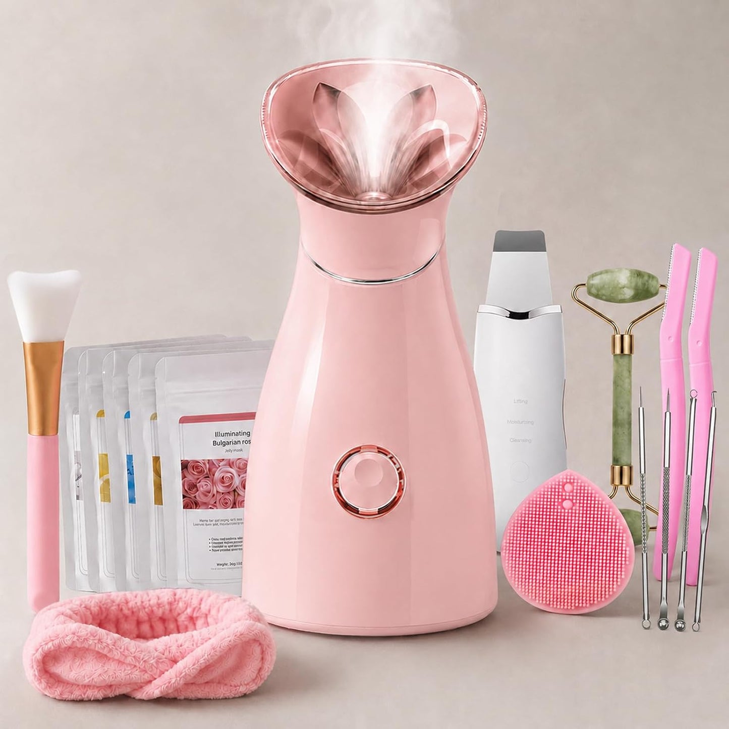 Facial Steamer Professional Kit: Nano Ionic Face Steamer for Deep Cleansing with 17 Skin Care Tools - Home Spa Self Care and Birthday Gifts for Women (Pink)