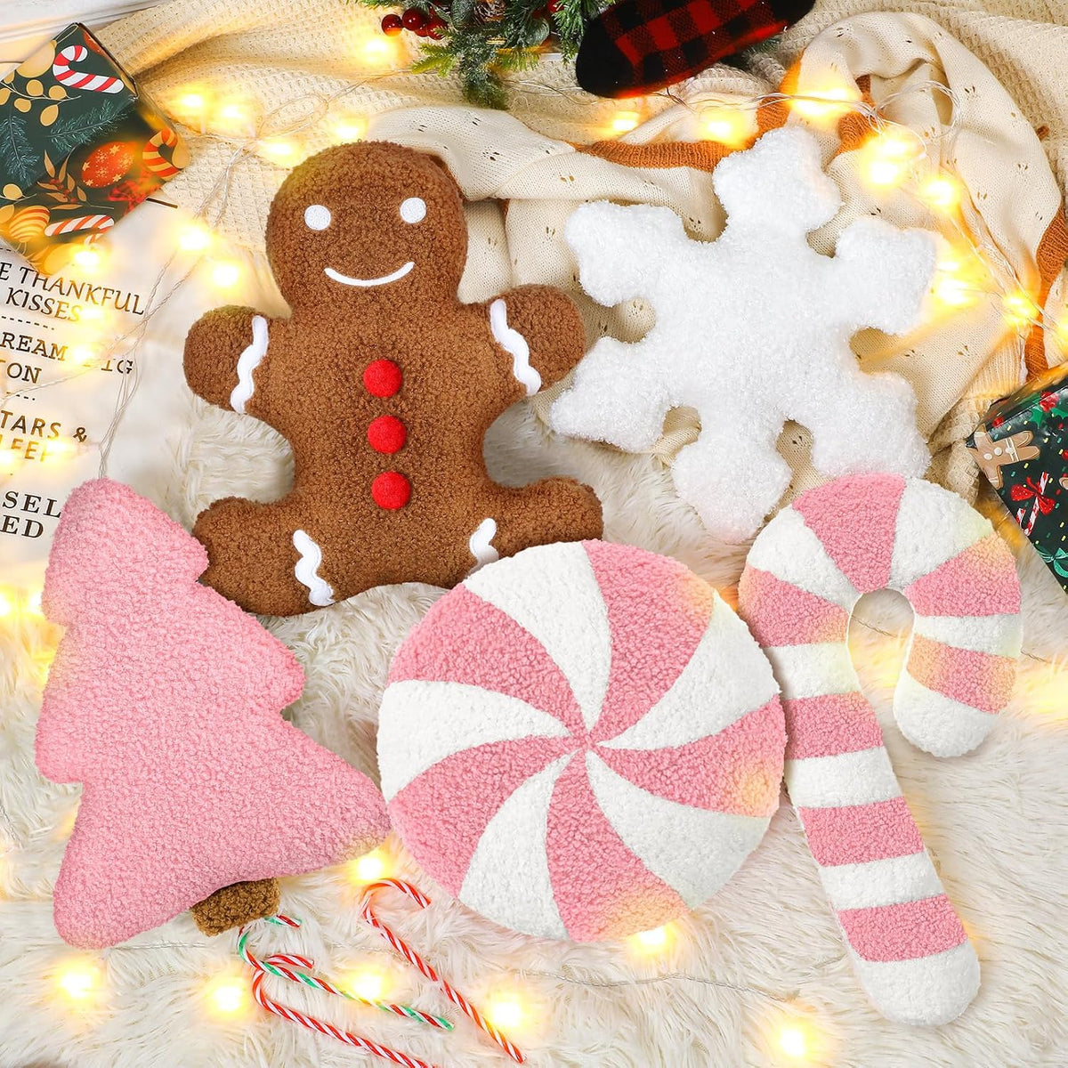 5 Pcs Christmas Pillow Pink Gingerbread Tree Candy Cane Shape