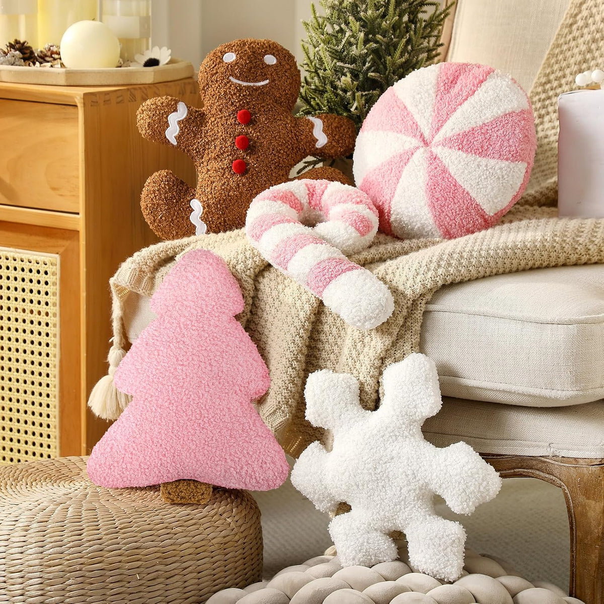 5 Pcs Christmas Pillow Pink Gingerbread Tree Candy Cane Shape