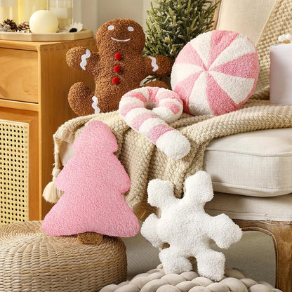 5 Pcs Christmas Pillow Pink Gingerbread Tree Candy Cane Shape