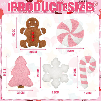5 Pcs Christmas Pillow Pink Gingerbread Tree Candy Cane Shape