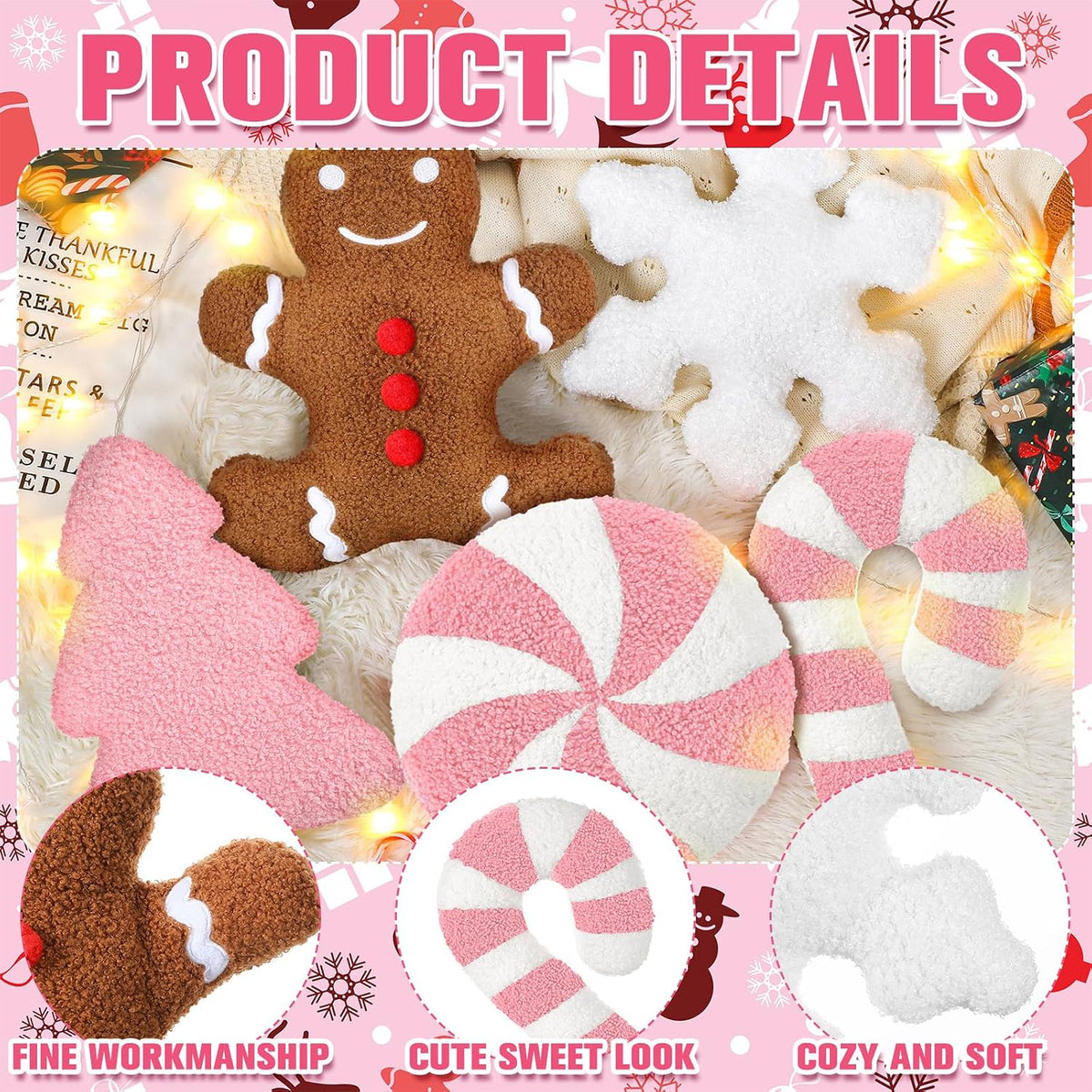 5 Pcs Christmas Pillow Pink Gingerbread Tree Candy Cane Shape