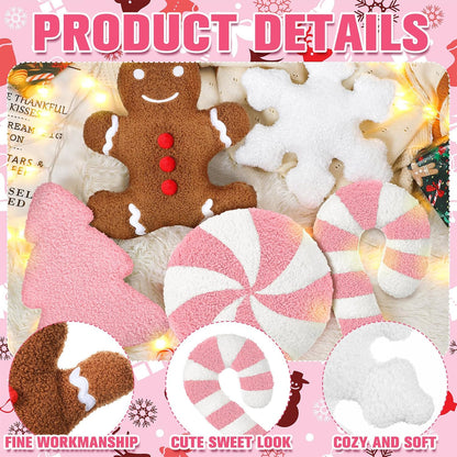 5 Pcs Christmas Pillow Pink Gingerbread Tree Candy Cane Shape