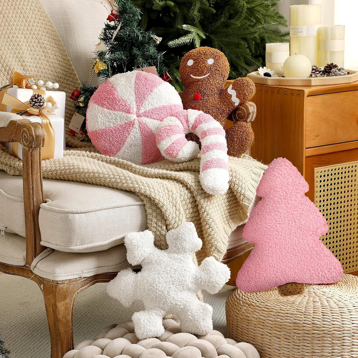 5 Pcs Christmas Pillow Pink Gingerbread Tree Candy Cane Shape