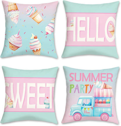 Hello Summer Throw Pillow Covers, Ice Cream Truck Popsicle Pink Blue Teal Sweet Decorative Pillowcases for Outdoor Sofa Bed Home Patio Set of 4, 18 x 18 Inches